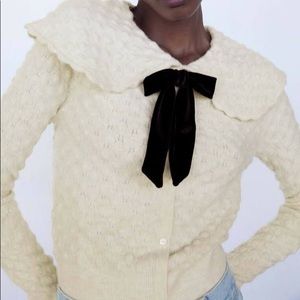 Zara bow trim textured knit sweater